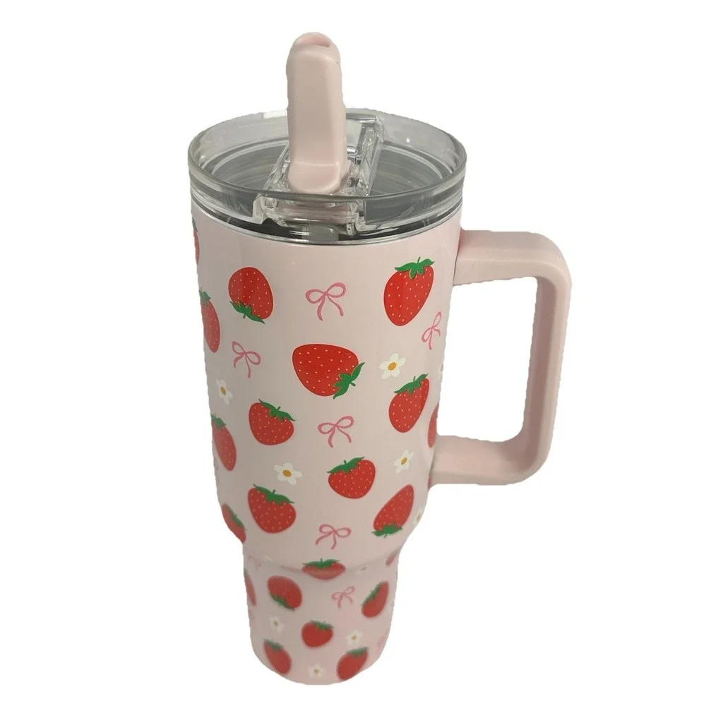 Strawberry Bow Tumbler 40oz Pink Travel Mug Handle Lid Market Square Cute
